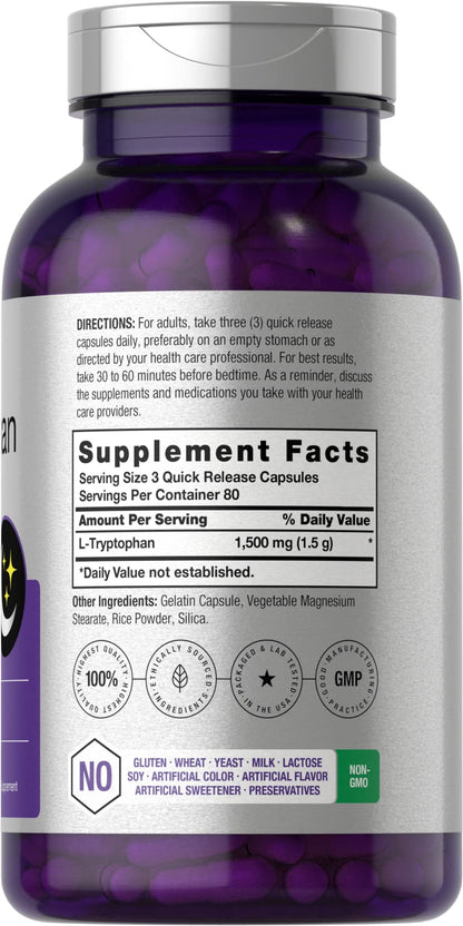 Horbäach L-Tryptophan 1500mg Capsules | 240 Count | Nighttime Formula | Non-GMO, Gluten Free