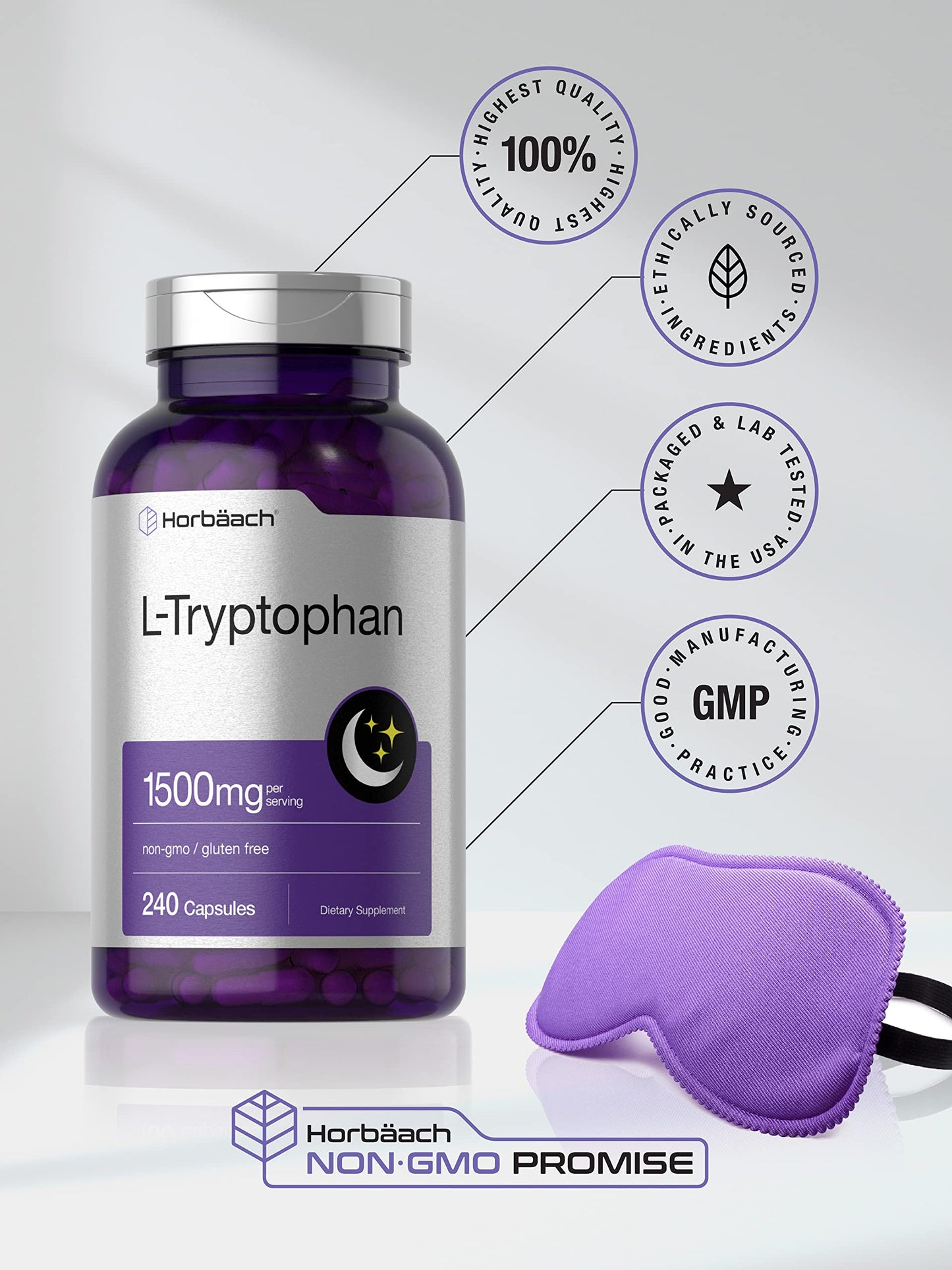 Horbäach L-Tryptophan 1500mg Capsules | 240 Count | Nighttime Formula | Non-GMO, Gluten Free