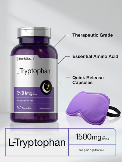 Horbäach L-Tryptophan 1500mg Capsules | 240 Count | Nighttime Formula | Non-GMO, Gluten Free