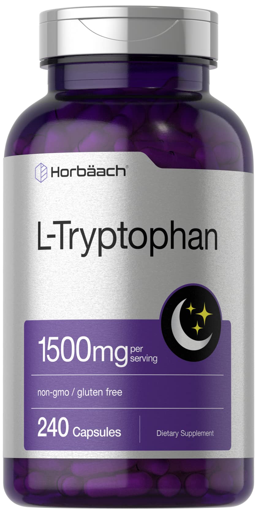 Horbäach L-Tryptophan 1500mg Capsules | 240 Count | Nighttime Formula | Non-GMO, Gluten Free