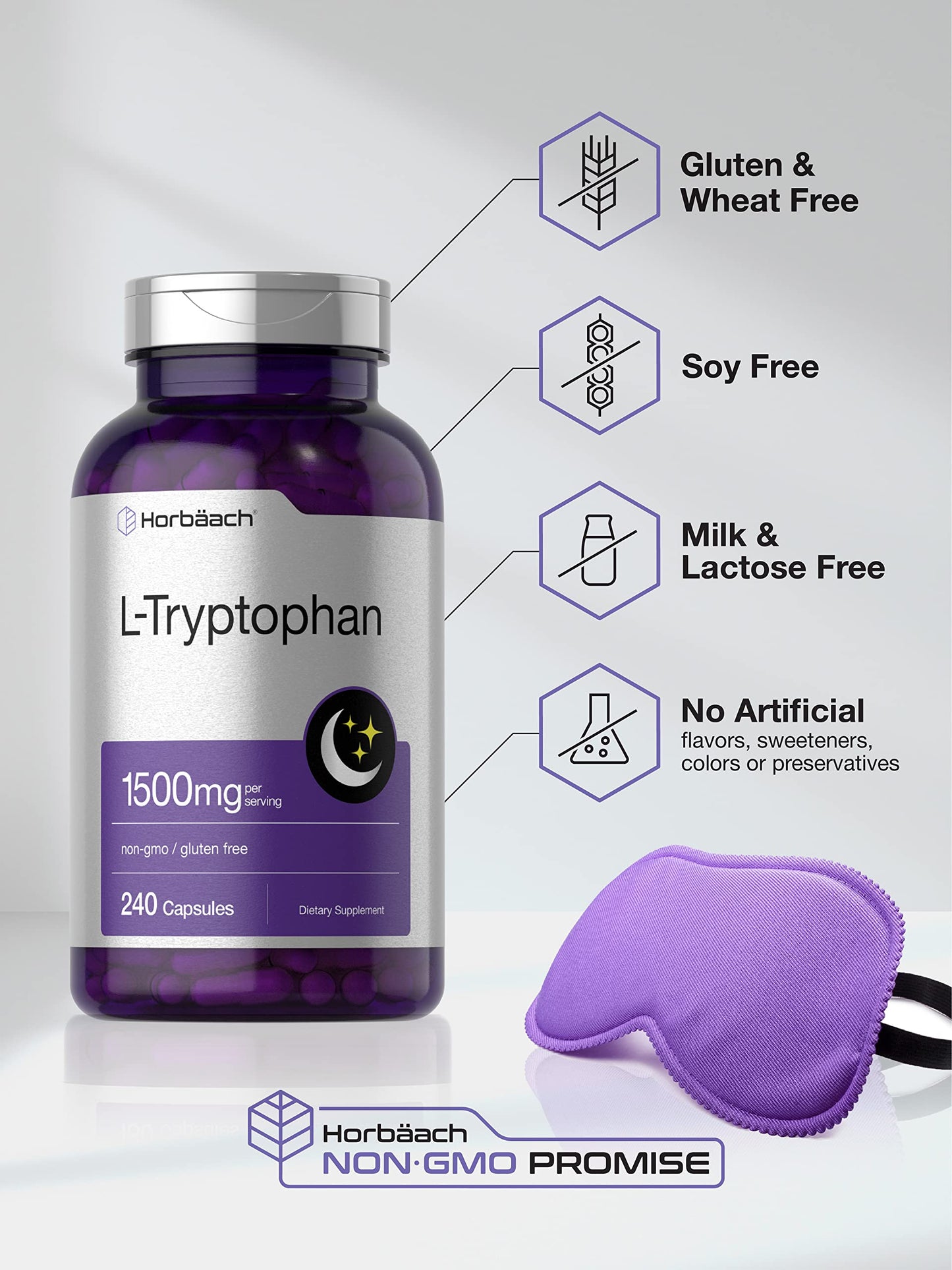 Horbäach L-Tryptophan 1500mg Capsules | 240 Count | Nighttime Formula | Non-GMO, Gluten Free