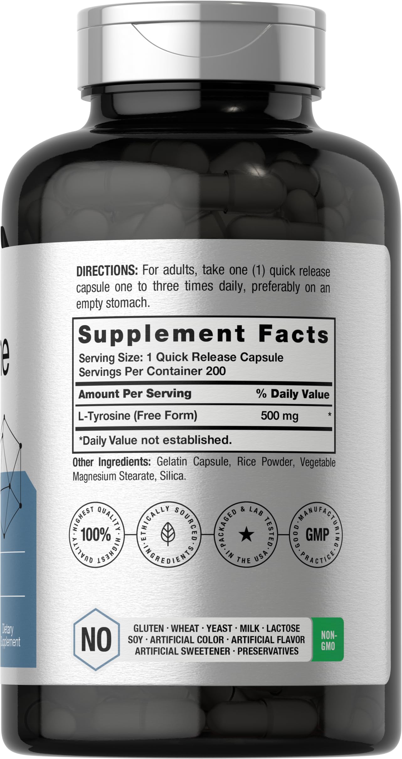 Horbäach L-Tyrosine Supplement | 500mg | 200 Capsules | Free Form | Non-GMO, Gluten Free