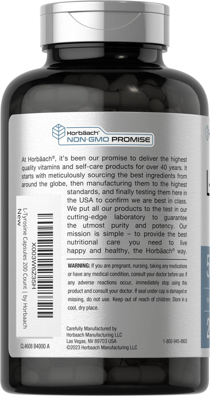 Horbäach L-Tyrosine Supplement | 500mg | 200 Capsules | Free Form | Non-GMO, Gluten Free