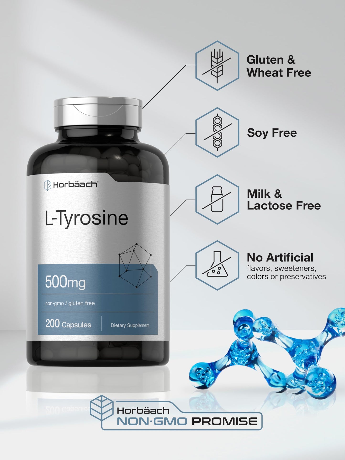 Horbäach L-Tyrosine Supplement | 500mg | 200 Capsules | Free Form | Non-GMO, Gluten Free