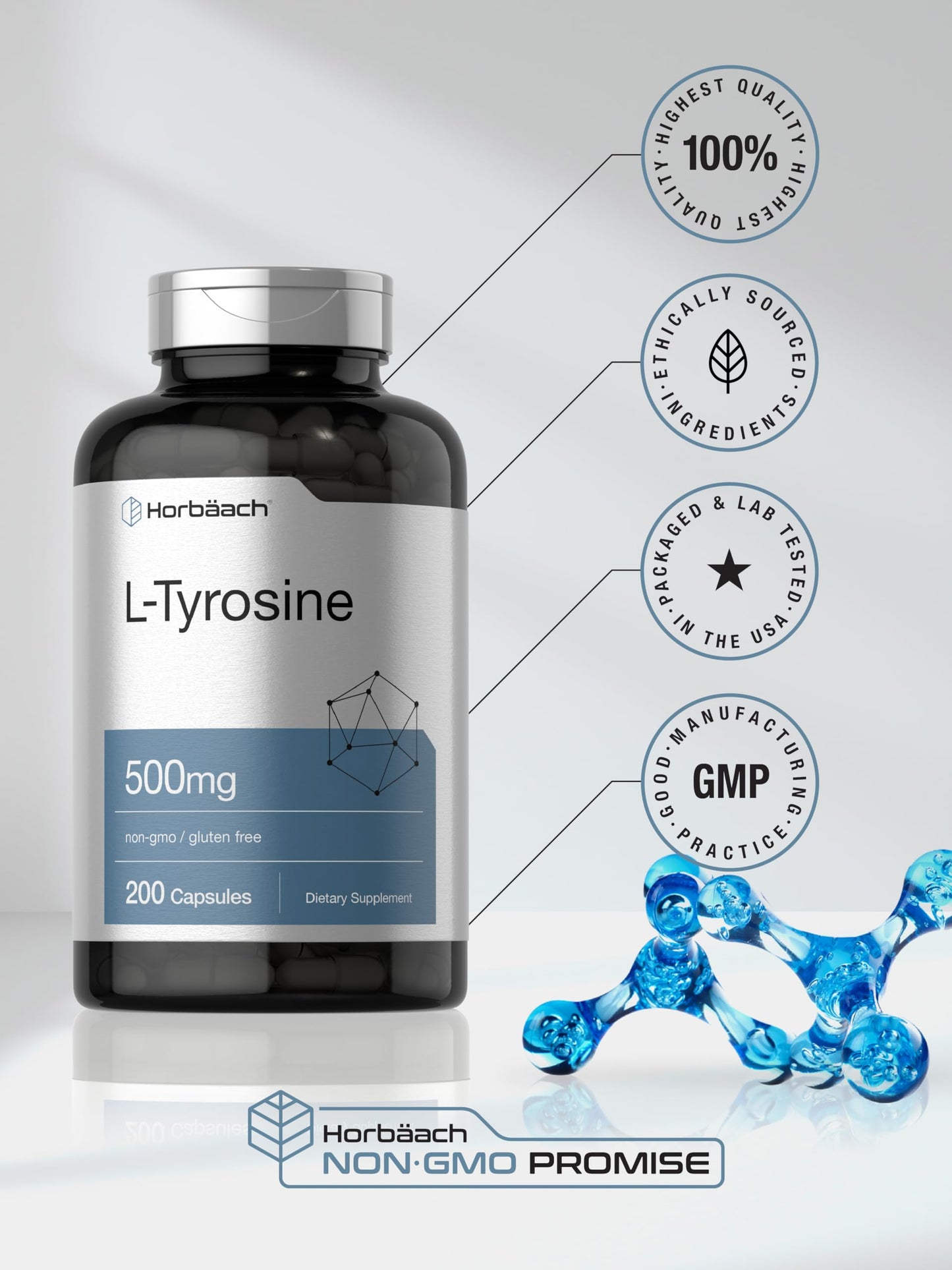 Horbäach L-Tyrosine Supplement | 500mg | 200 Capsules | Free Form | Non-GMO, Gluten Free