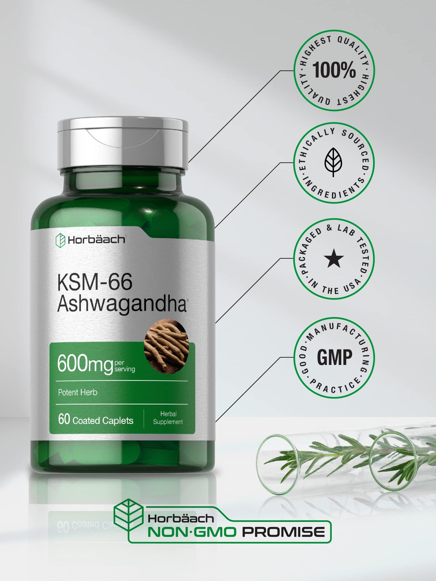 Horbäach KSM-66 Ashwagandha Caplets – 600mg | 60 Pills | L-Theanine | For Women & Men | Vegan, Non-GMO, Gluten Free | Pack of 2
