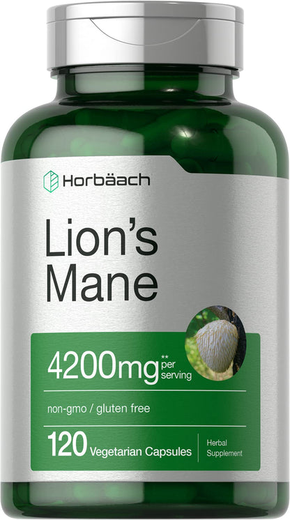 Horbäach Lion's Mane Mushroom Extract 4200mg | 120 Veg Capsules | Non-GMO, Gluten Free