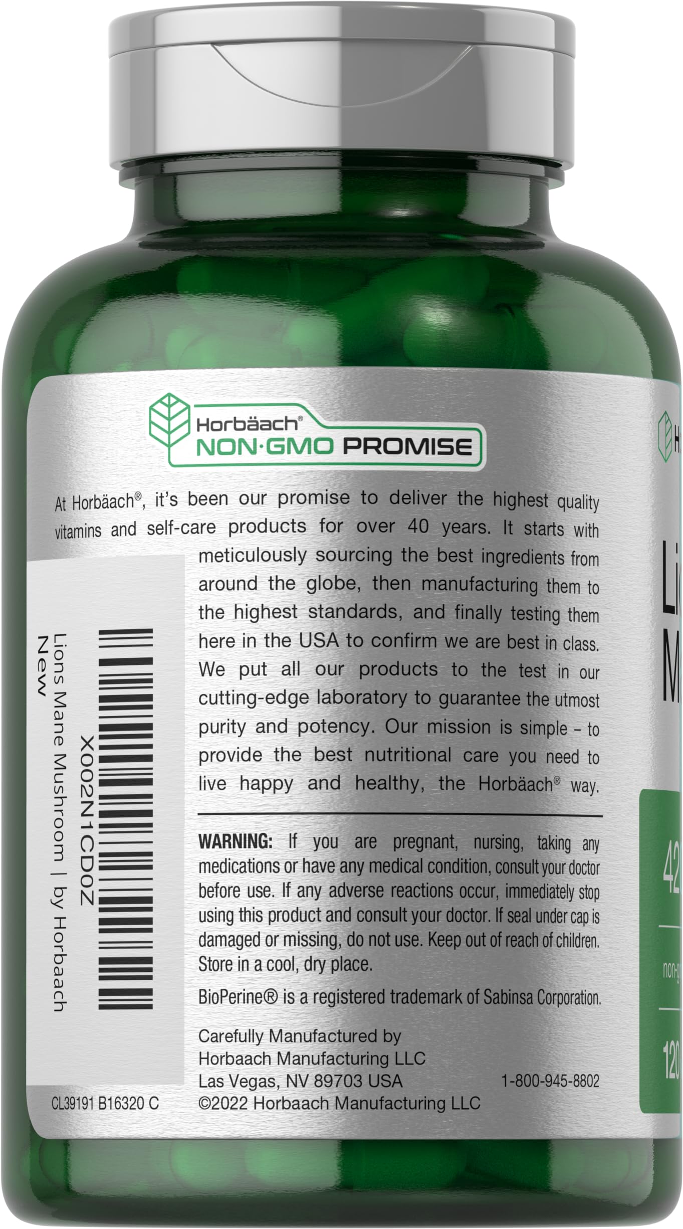 Horbäach Lion's Mane Mushroom Extract 4200mg | 120 Veg Capsules | Non-GMO, Gluten Free