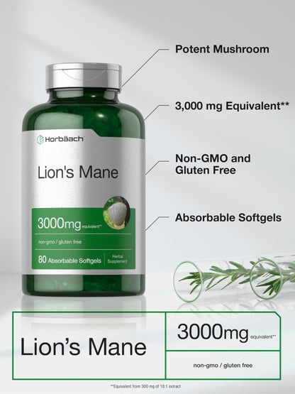 Horbäach Lions Mane Supplement | 3000mg | 80 Absorbable Softgels | Non-GMO & Gluten Free Extract