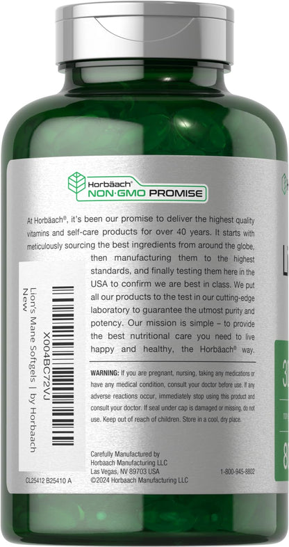 Horbäach Lions Mane Supplement | 3000mg | 80 Absorbable Softgels | Non-GMO & Gluten Free Extract