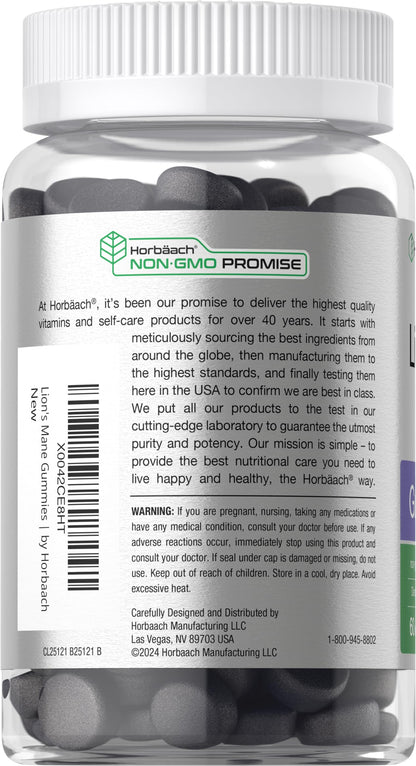 Horbäach Lion's Mane Supplement | 60 Vegan Gummies for Adults | Non-GMO and Gluten Free