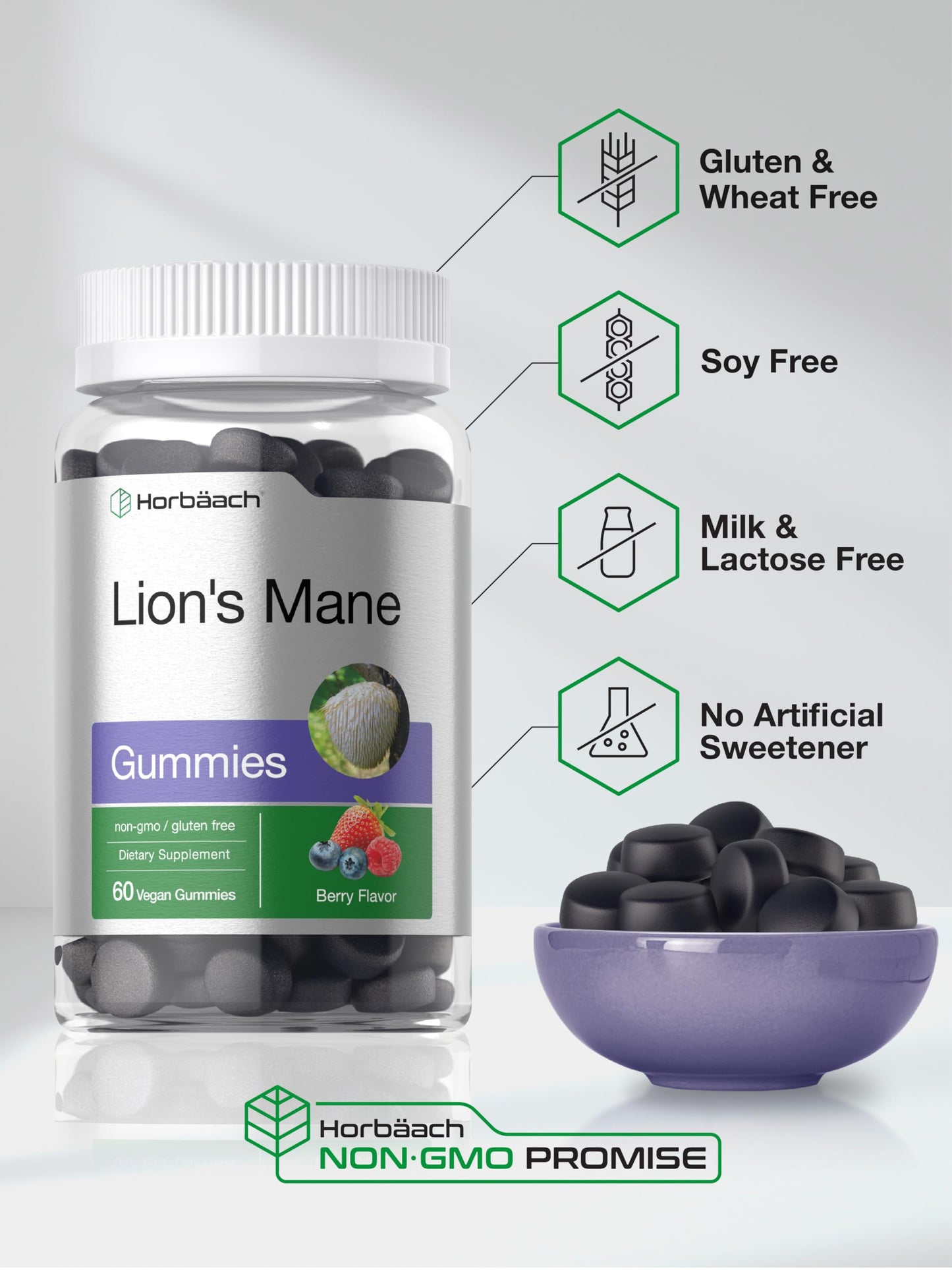 Horbäach Lion's Mane Supplement | 60 Vegan Gummies for Adults | Non-GMO and Gluten Free