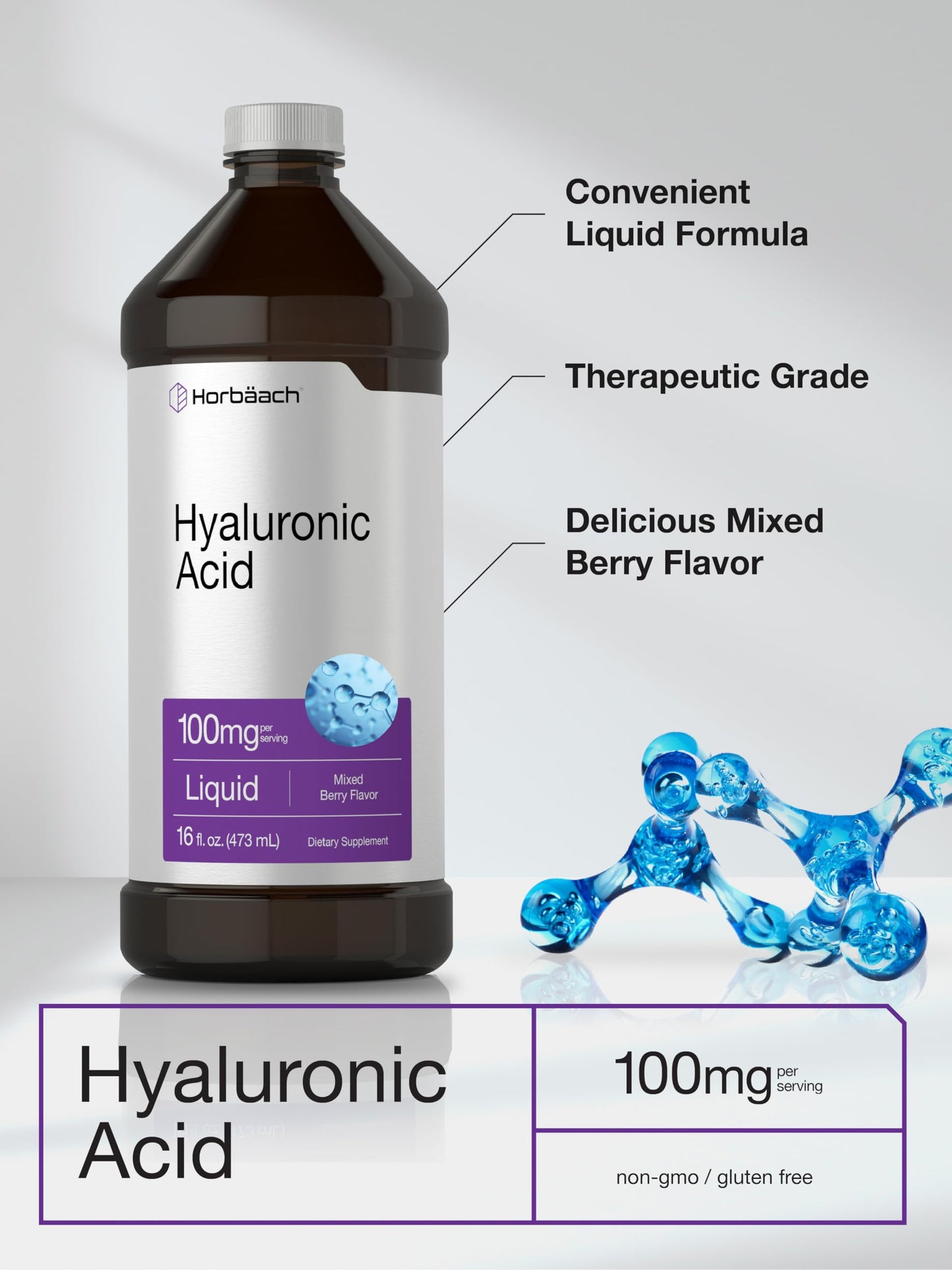 Horbäach Liquid Hyaluronic Acid Supplement – 100 mg, 16 oz, Mixed Berry, Non-GMO & Gluten Free