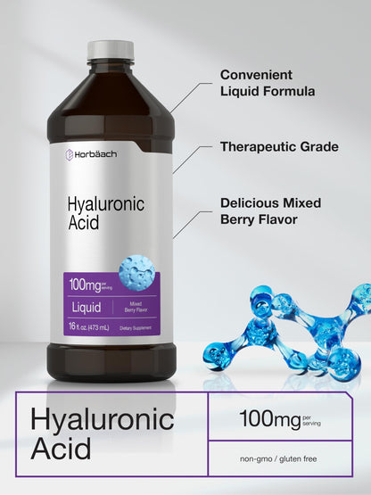 Horbäach Liquid Hyaluronic Acid Supplement – 100 mg, 16 oz, Mixed Berry, Non-GMO & Gluten Free