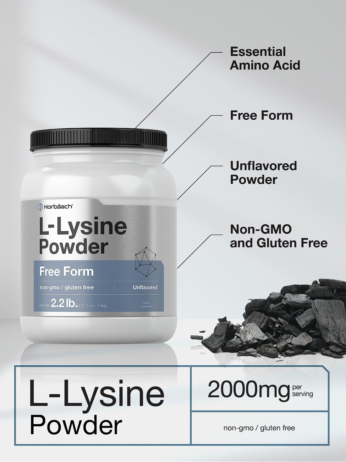 Horbäach L-Lysine Powder 2.2 lbs - Unflavored Free Form, Vegetarian, Non-GMO, Gluten Free Formula