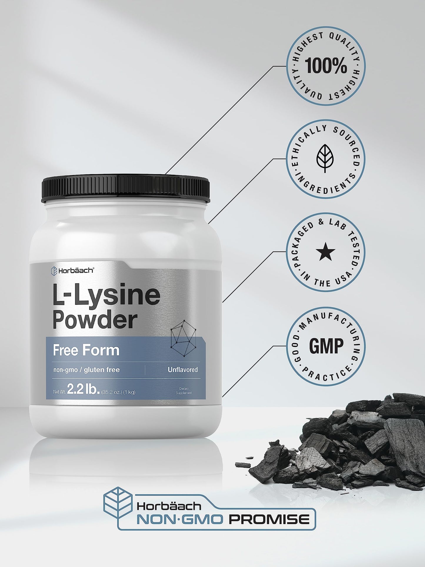 Horbäach L-Lysine Powder 2.2 lbs - Unflavored Free Form, Vegetarian, Non-GMO, Gluten Free Formula
