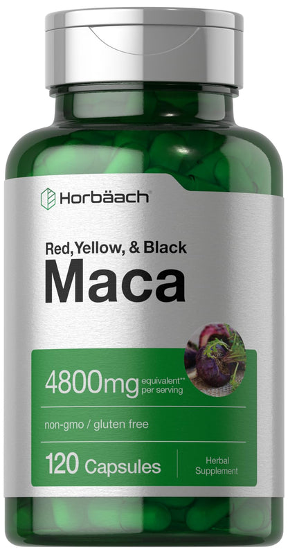 Horbäach Maca Root Capsules for Men and Women | 120 Pills | High Potency Extract | Non-GMO & Gluten Free