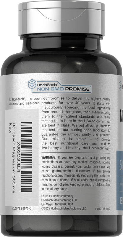 Horbäach Magnesium 500mg | 180 Caplets | Vegetarian, Gluten Free, Non-GMO