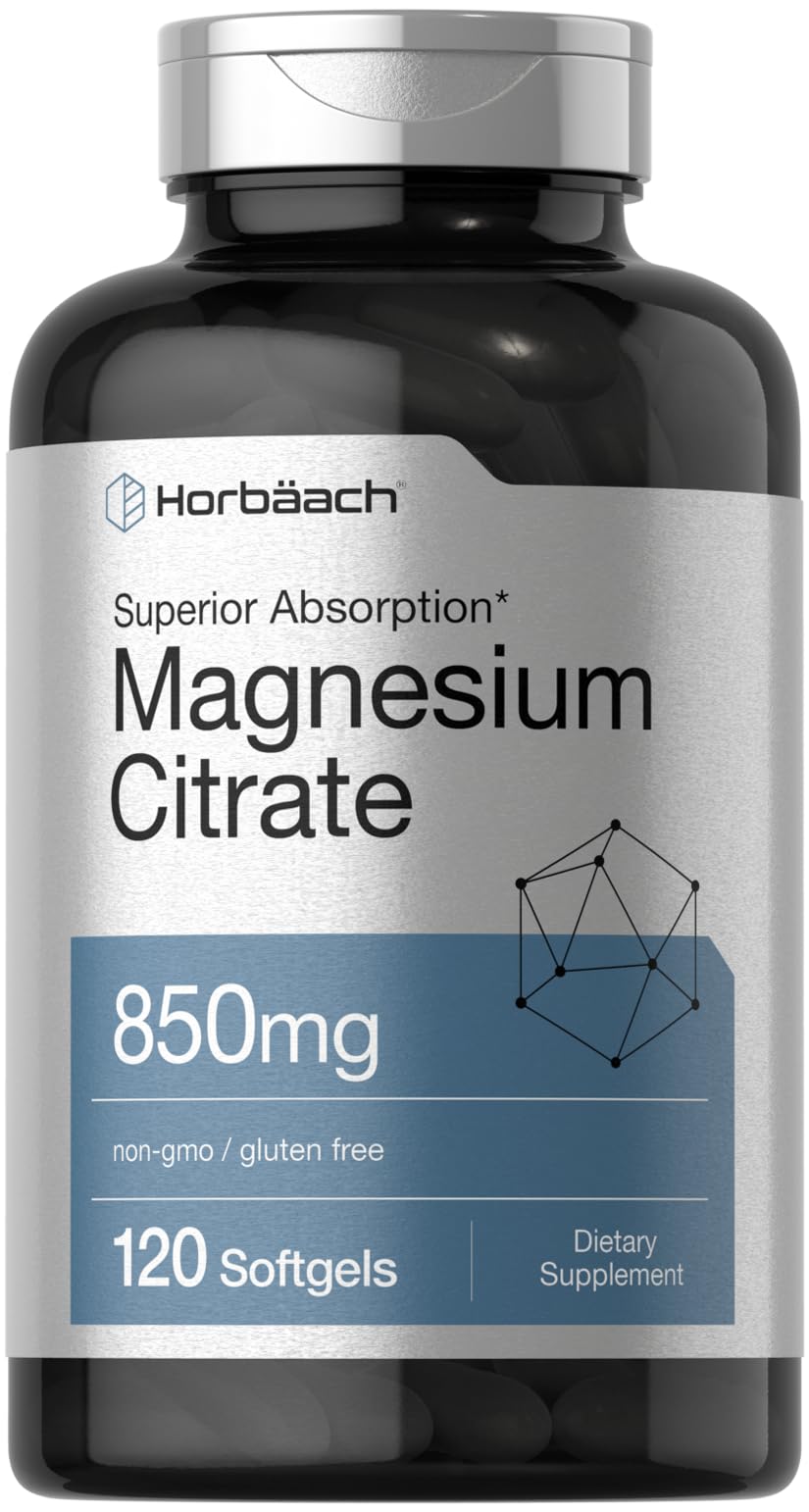Horbäach Magnesium Citrate 850mg | 120 Softgels | Superior Absorption | Non-GMO