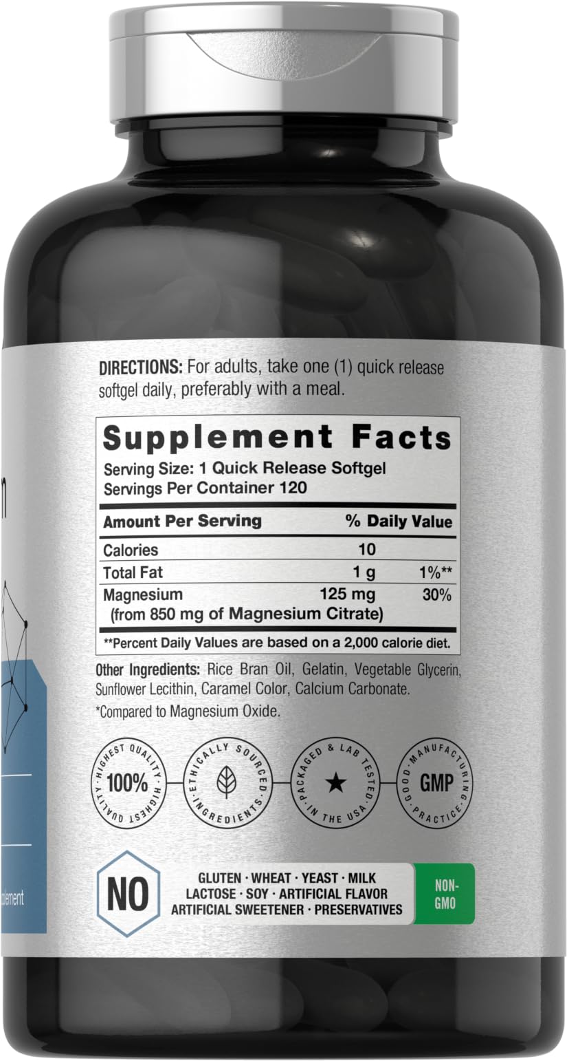 Horbäach Magnesium Citrate 850mg | 120 Softgels | Superior Absorption | Non-GMO