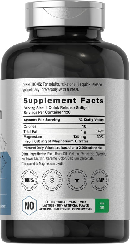 Horbäach Magnesium Citrate 850mg | 120 Softgels | Superior Absorption | Non-GMO