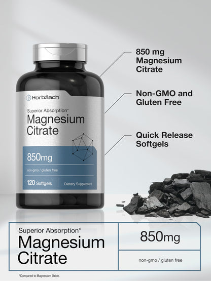 Horbäach Magnesium Citrate 850mg | 120 Softgels | Superior Absorption | Non-GMO