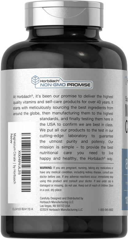 Horbäach Magnesium Citrate 850mg | 120 Softgels | Superior Absorption | Non-GMO