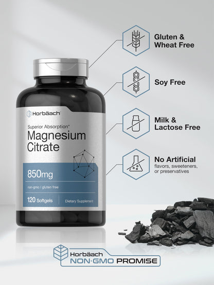 Horbäach Magnesium Citrate 850mg | 120 Softgels | Superior Absorption | Non-GMO
