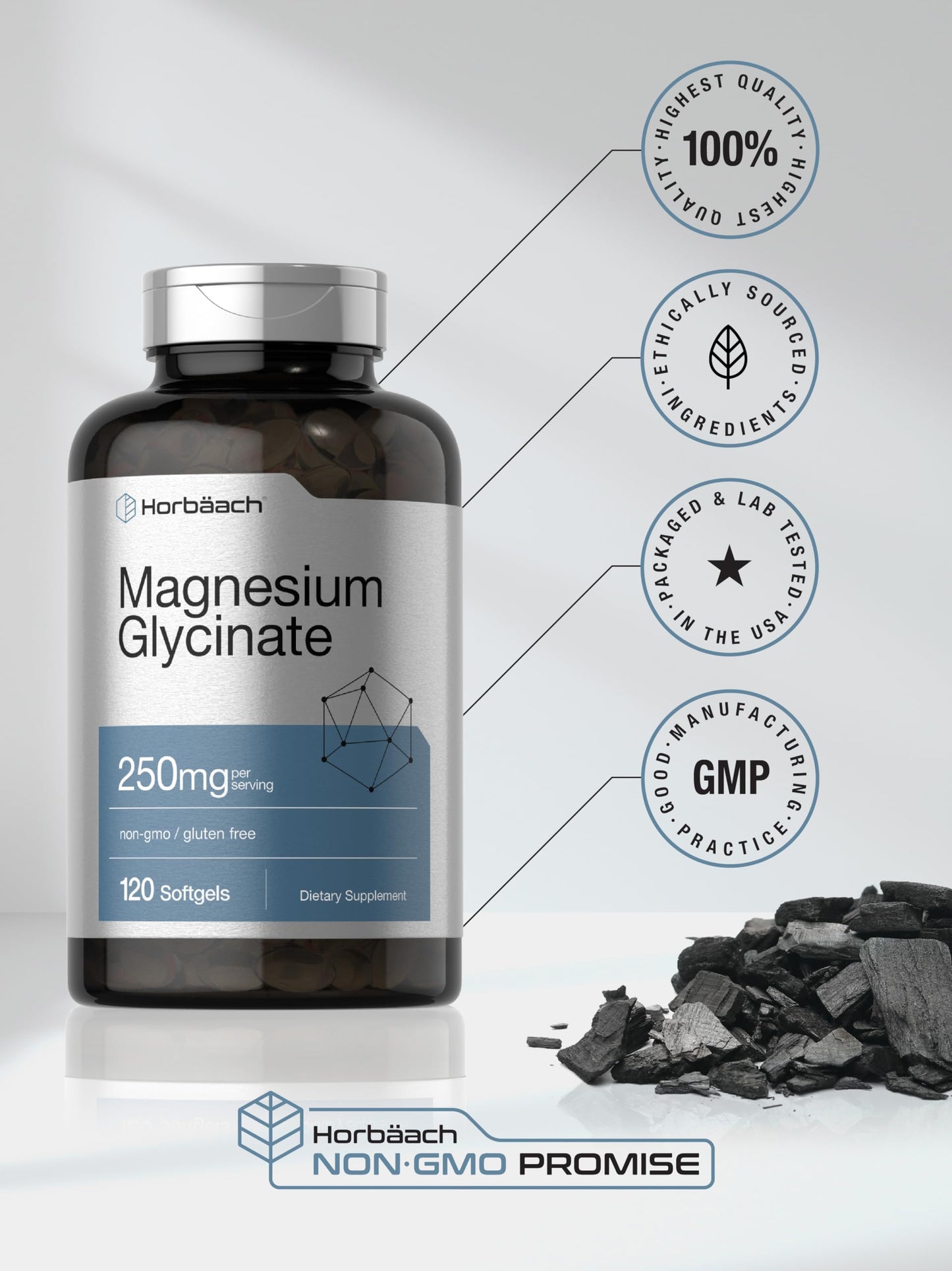 Horbäach Magnesium Glycinate | 250 mg | 120 Softgels | Non-GMO & Gluten Free