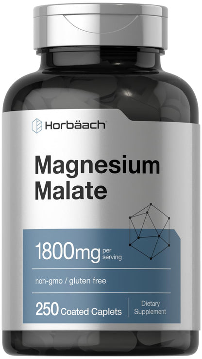 Horbäach Magnesium Malate 1800mg - 250 Coated Caplets | Vegetarian, Gluten Free, Non-GMO