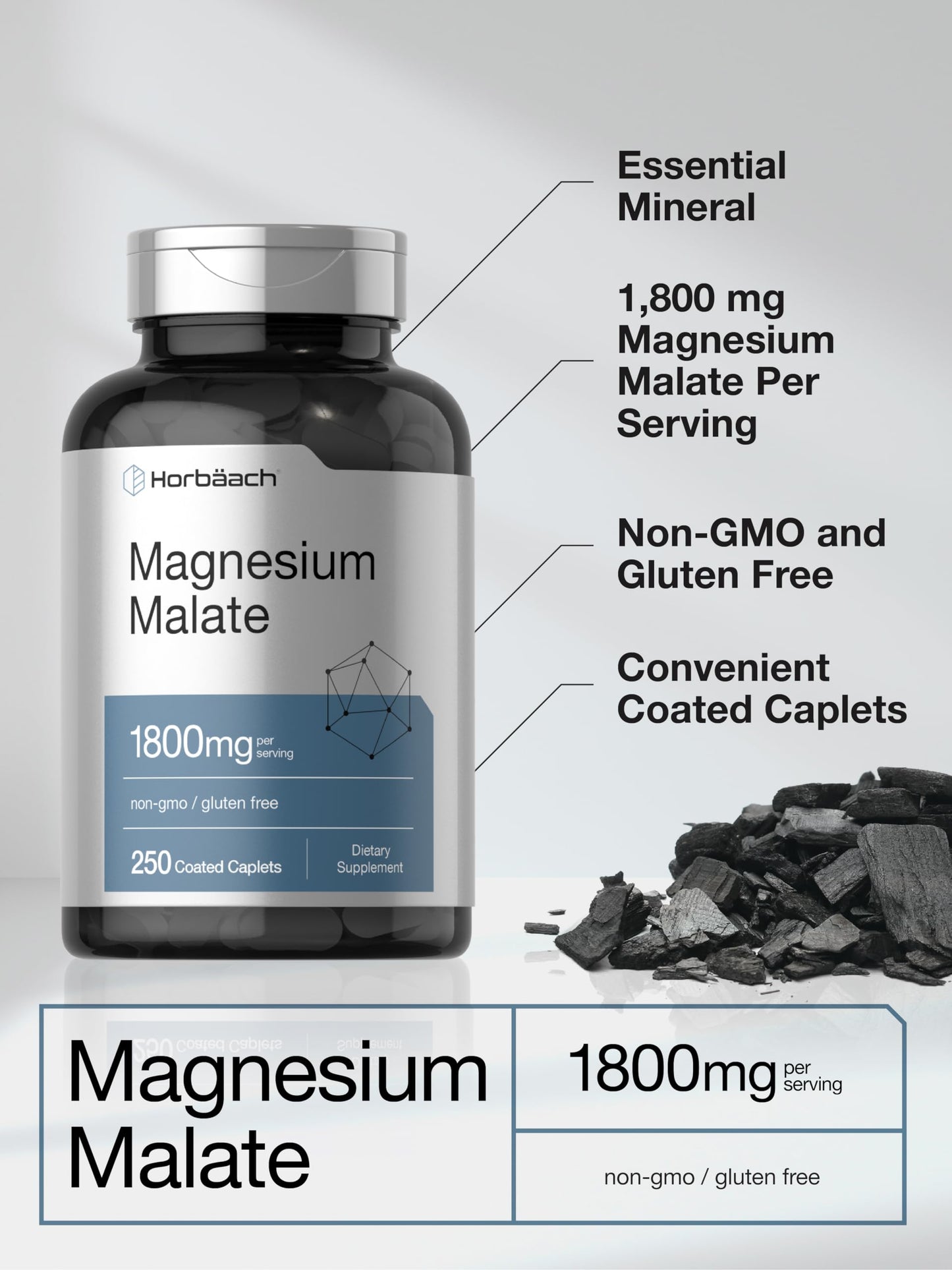 Horbäach Magnesium Malate 1800mg - 250 Coated Caplets | Vegetarian, Gluten Free, Non-GMO
