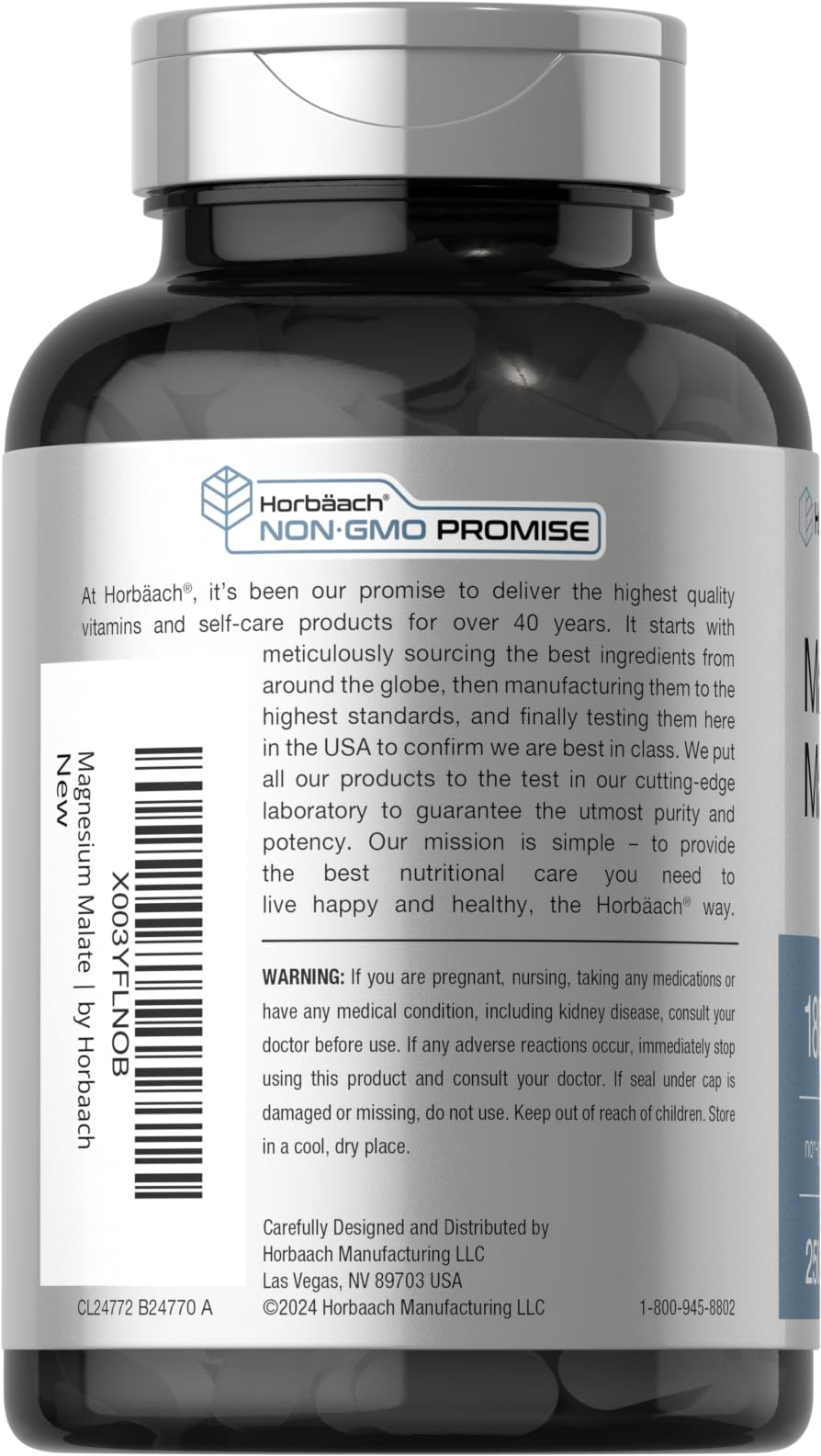Horbäach Magnesium Malate 1800mg - 250 Coated Caplets | Vegetarian, Gluten Free, Non-GMO
