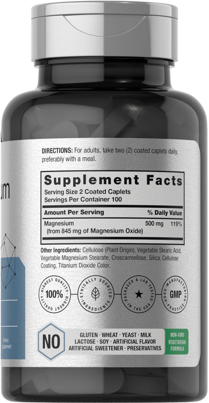Horbäach Magnesium Oxide | 845 mg | 200 Coated Caplets | Vegetarian, Non-GMO, Gluten Free