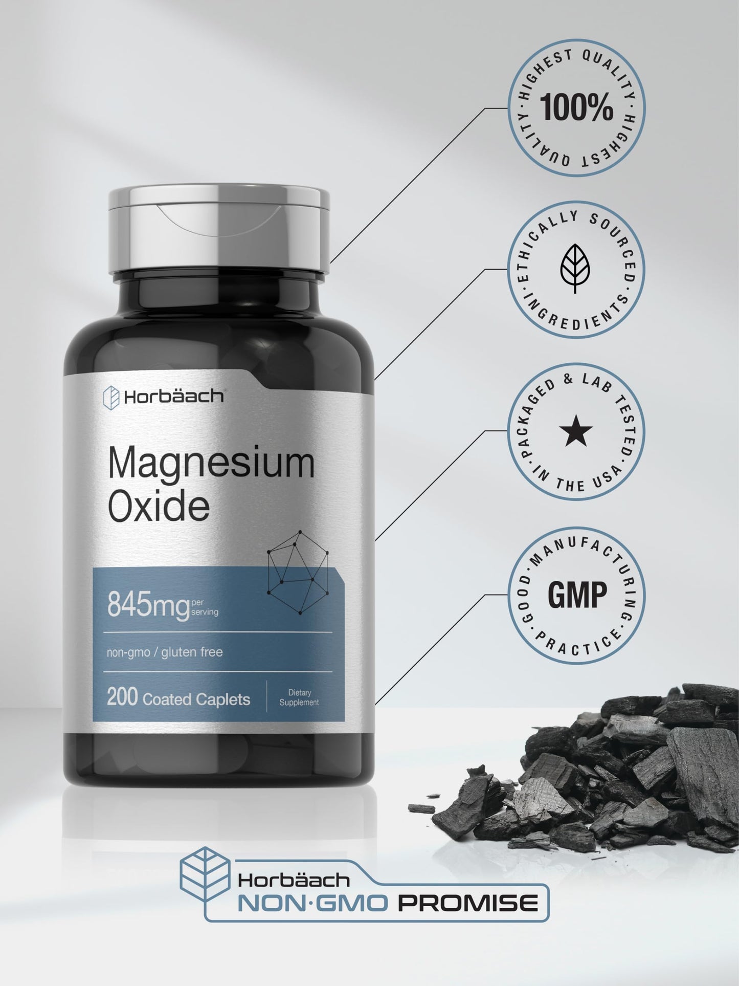 Horbäach Magnesium Oxide | 845 mg | 200 Coated Caplets | Vegetarian, Non-GMO, Gluten Free
