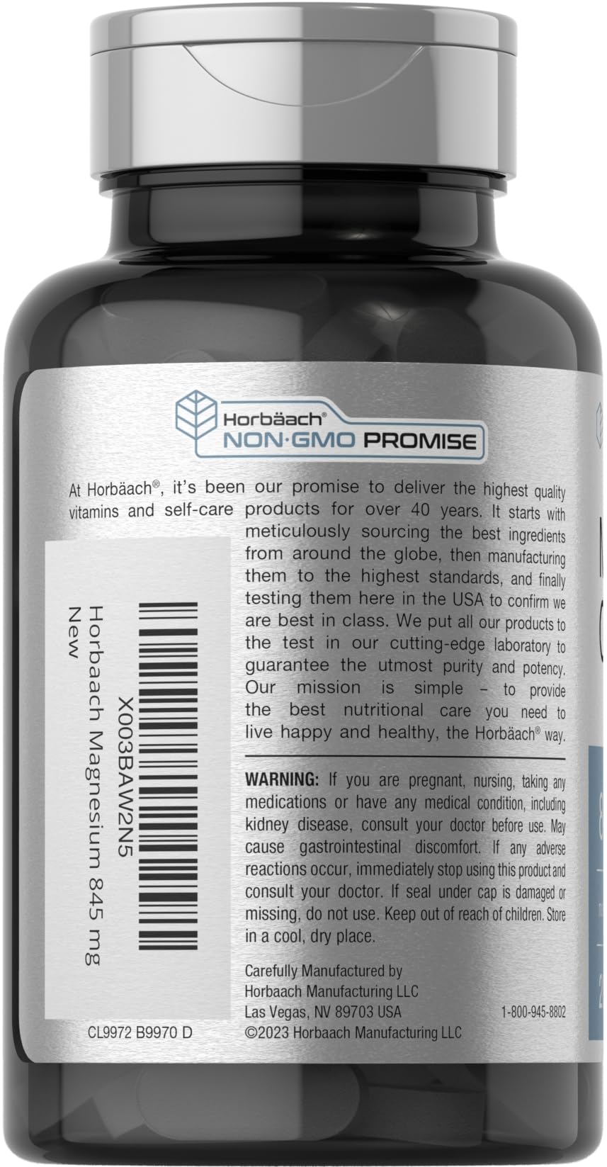 Horbäach Magnesium Oxide | 845 mg | 200 Coated Caplets | Vegetarian, Non-GMO, Gluten Free