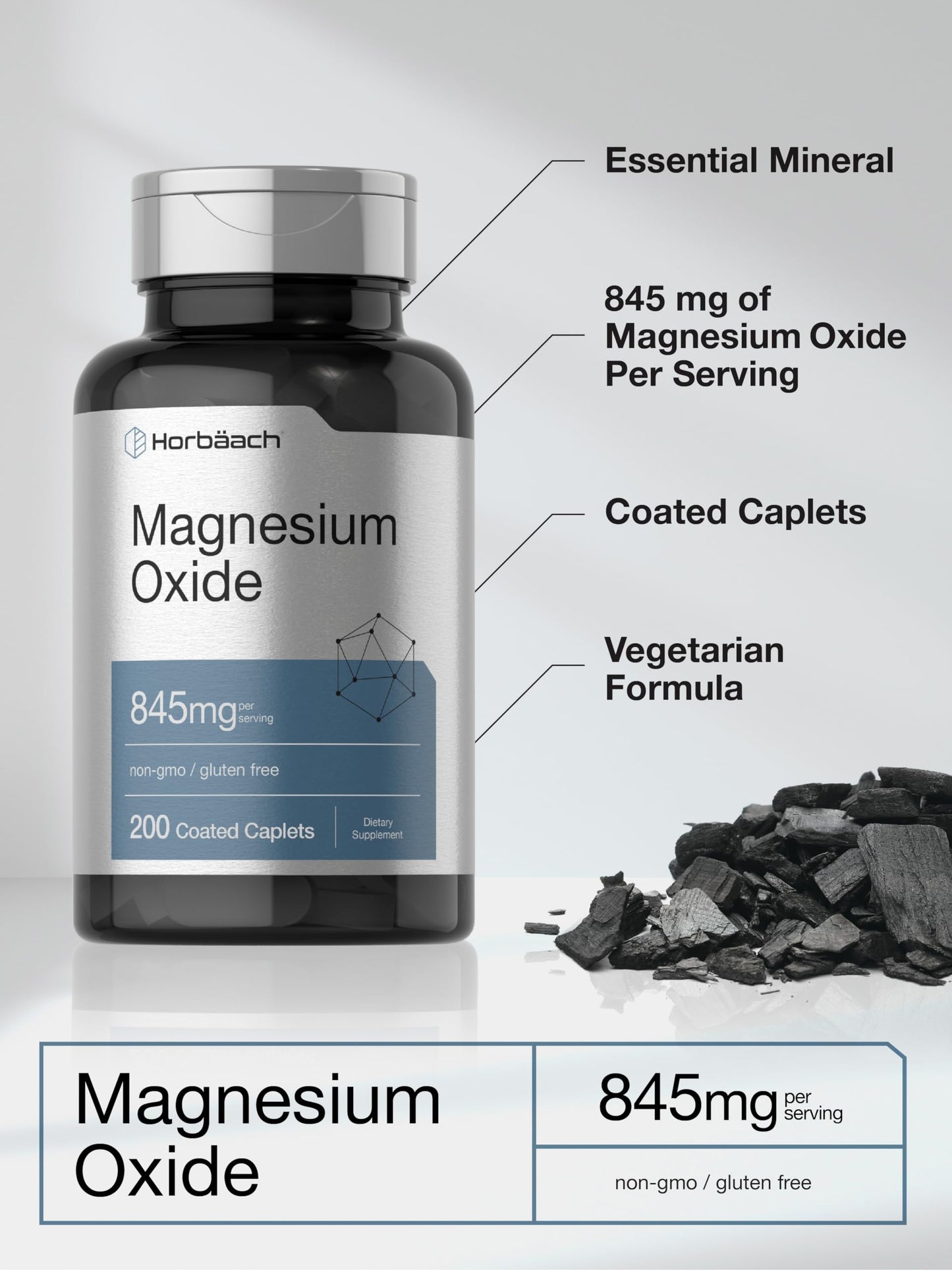 Horbäach Magnesium Oxide | 845 mg | 200 Coated Caplets | Vegetarian, Non-GMO, Gluten Free
