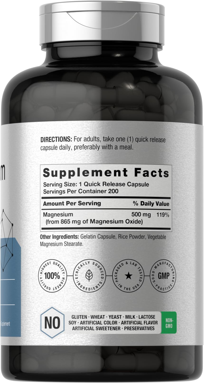 Horbäach Magnesium Oxide 865 mg | 200 Capsules | Non-GMO & Gluten Free