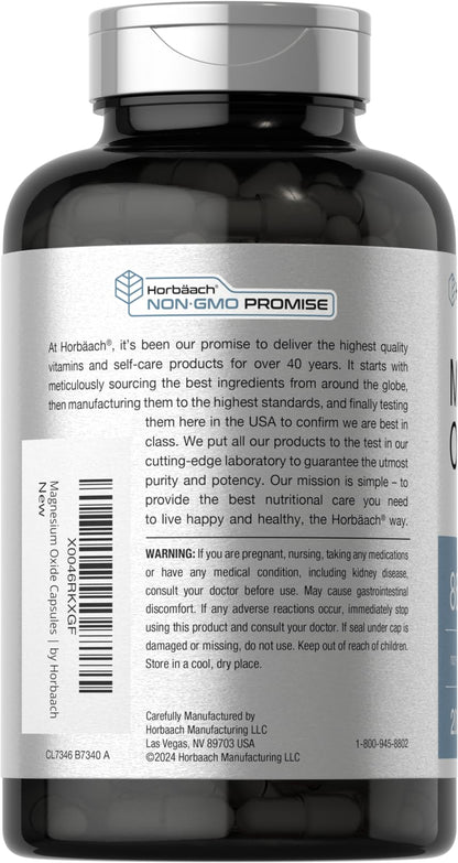 Horbäach Magnesium Oxide 865 mg | 200 Capsules | Non-GMO & Gluten Free