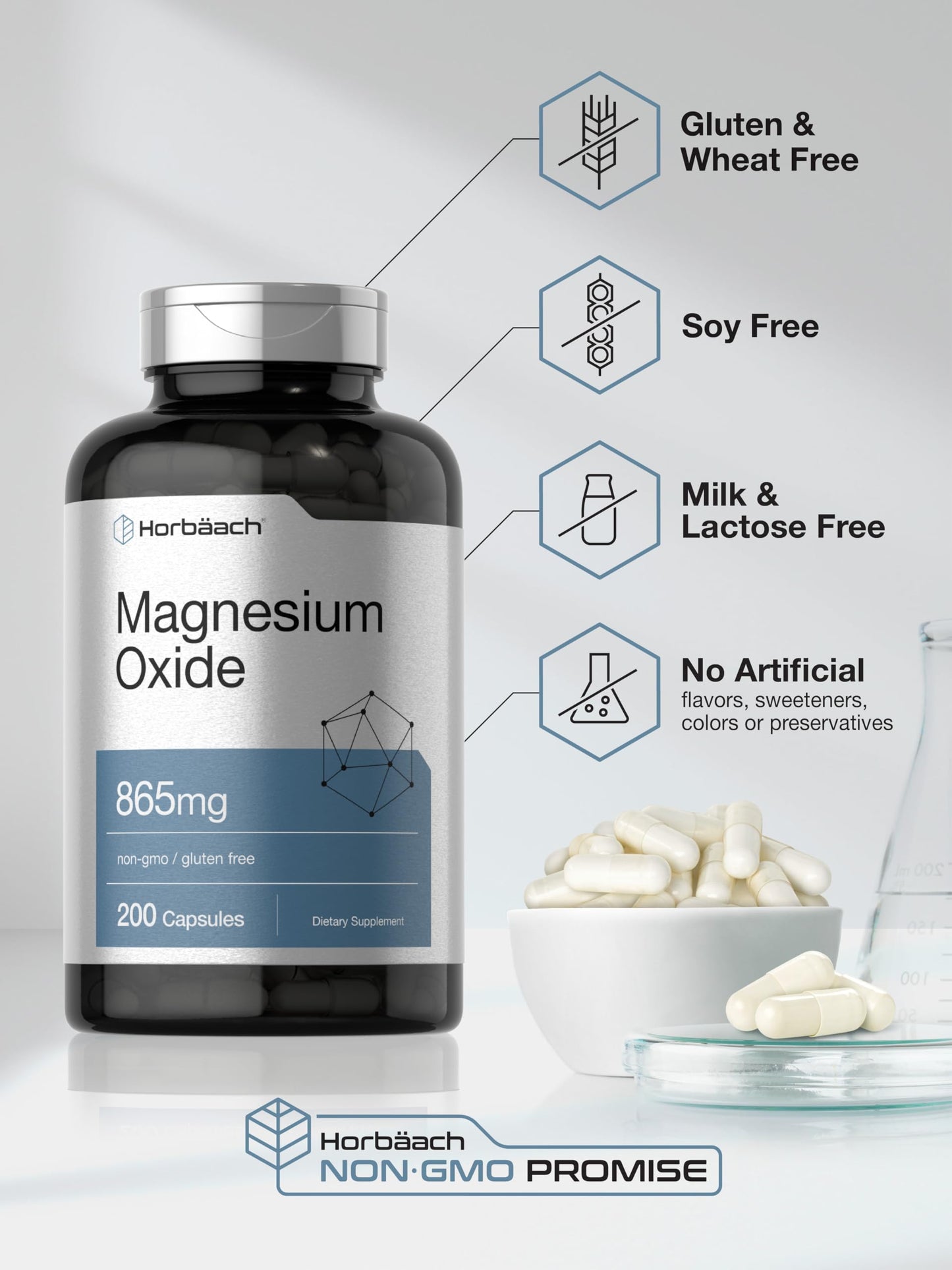Horbäach Magnesium Oxide 865 mg | 200 Capsules | Non-GMO & Gluten Free