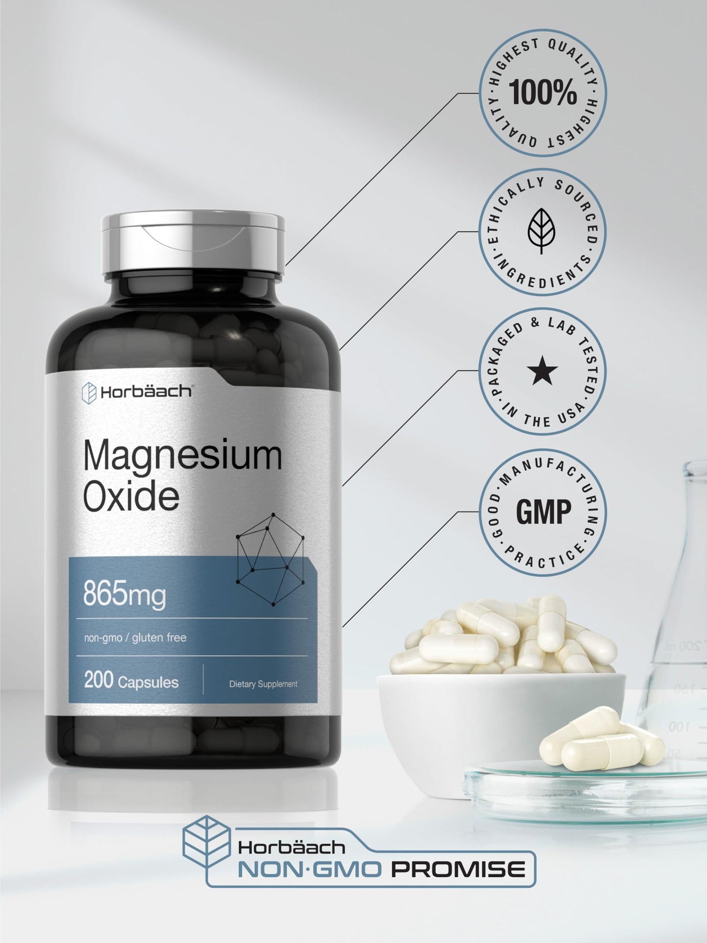 Horbäach Magnesium Oxide 865 mg | 200 Capsules | Non-GMO & Gluten Free