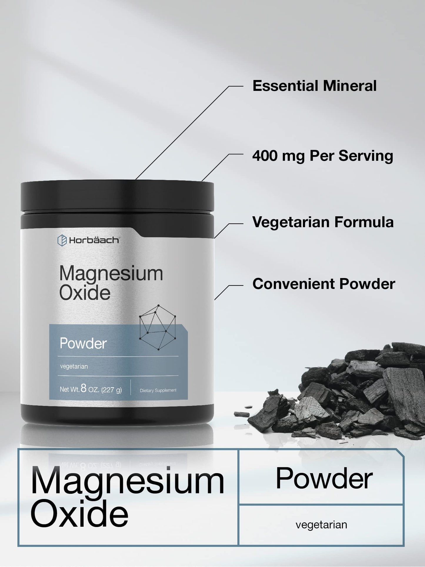 Horbäach Magnesium Oxide Powder 400 mg | 8 oz | Vegetarian, Non-GMO, Gluten Free