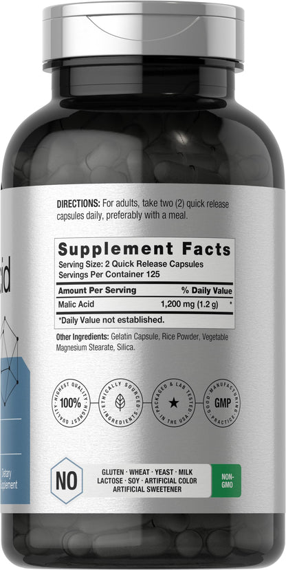 Horbäach Malic Acid Capsules 1200mg | 250 Count | Non-GMO & Gluten Free