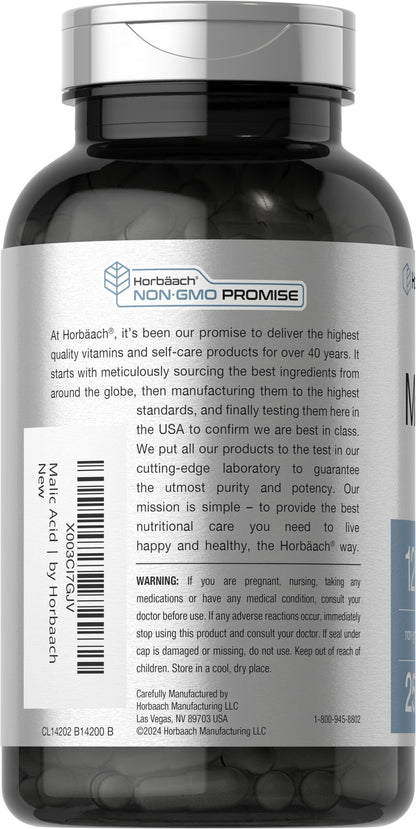 Horbäach Malic Acid Capsules 1200mg | 250 Count | Non-GMO & Gluten Free