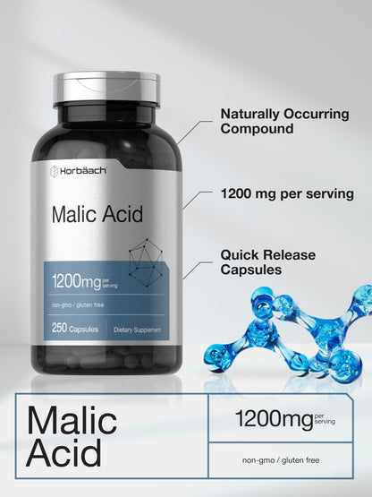 Horbäach Malic Acid Capsules 1200mg | 250 Count | Non-GMO & Gluten Free