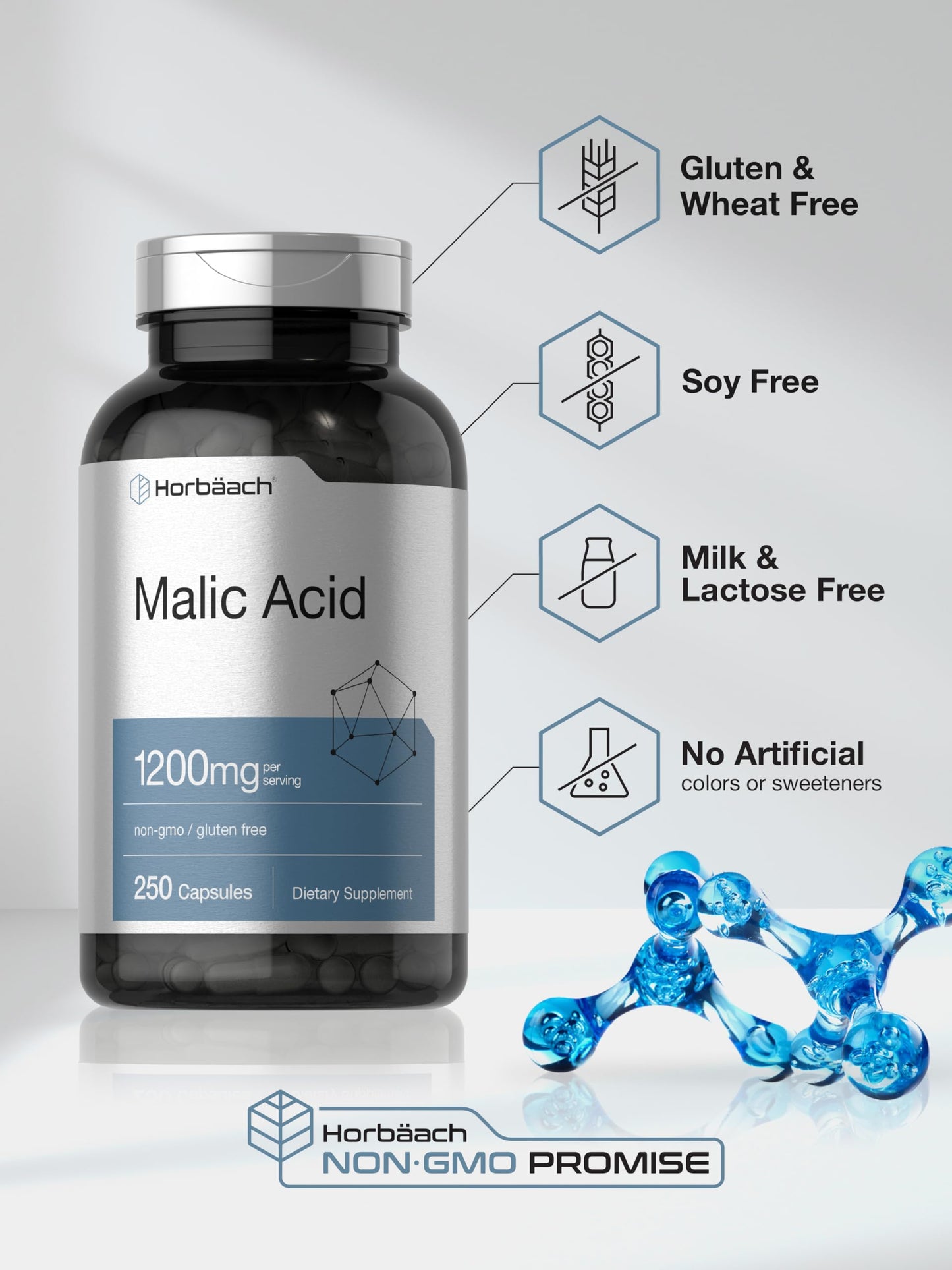 Horbäach Malic Acid Capsules 1200mg | 250 Count | Non-GMO & Gluten Free