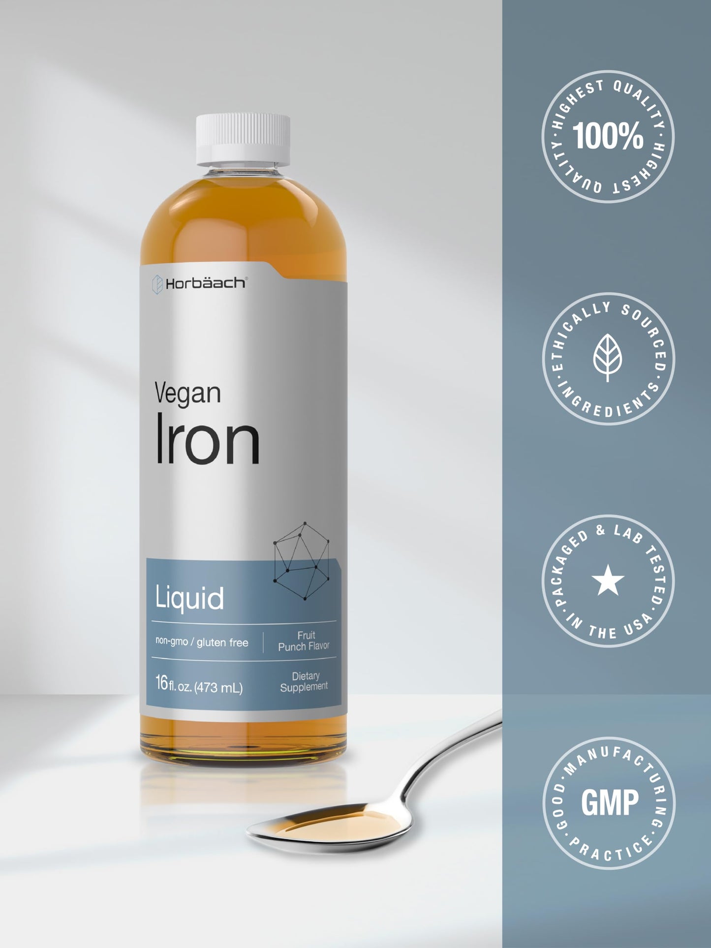 Horbäach Iron Supplement Liquid 16 oz – Vegan & Vegetarian Formula, Non-GMO, Gluten Free