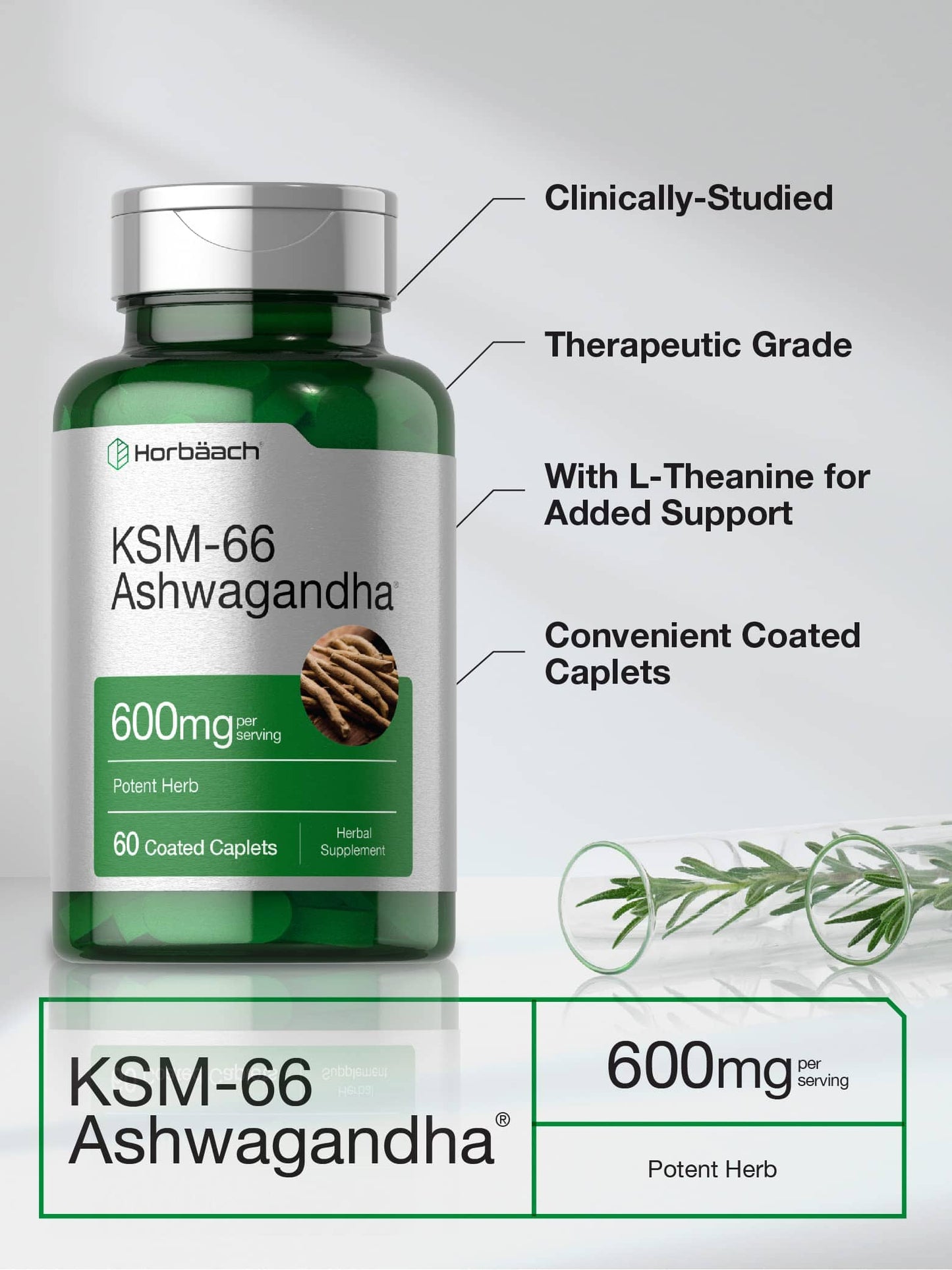 Horbäach KSM-66 Ashwagandha 600mg with L-Theanine | 60 Caplets, Vegan