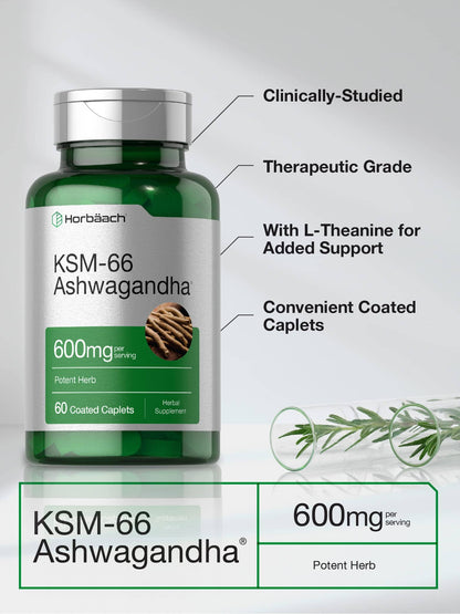 Horbäach KSM-66 Ashwagandha 600mg with L-Theanine | 60 Caplets, Vegan