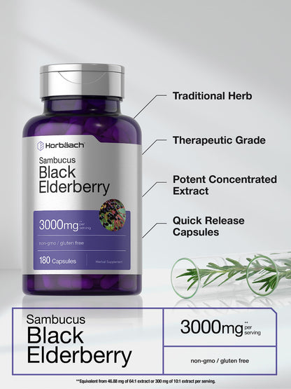 Horbäach Black Elderberry 3000mg Capsules – 180 Count | Non-GMO & Gluten Free