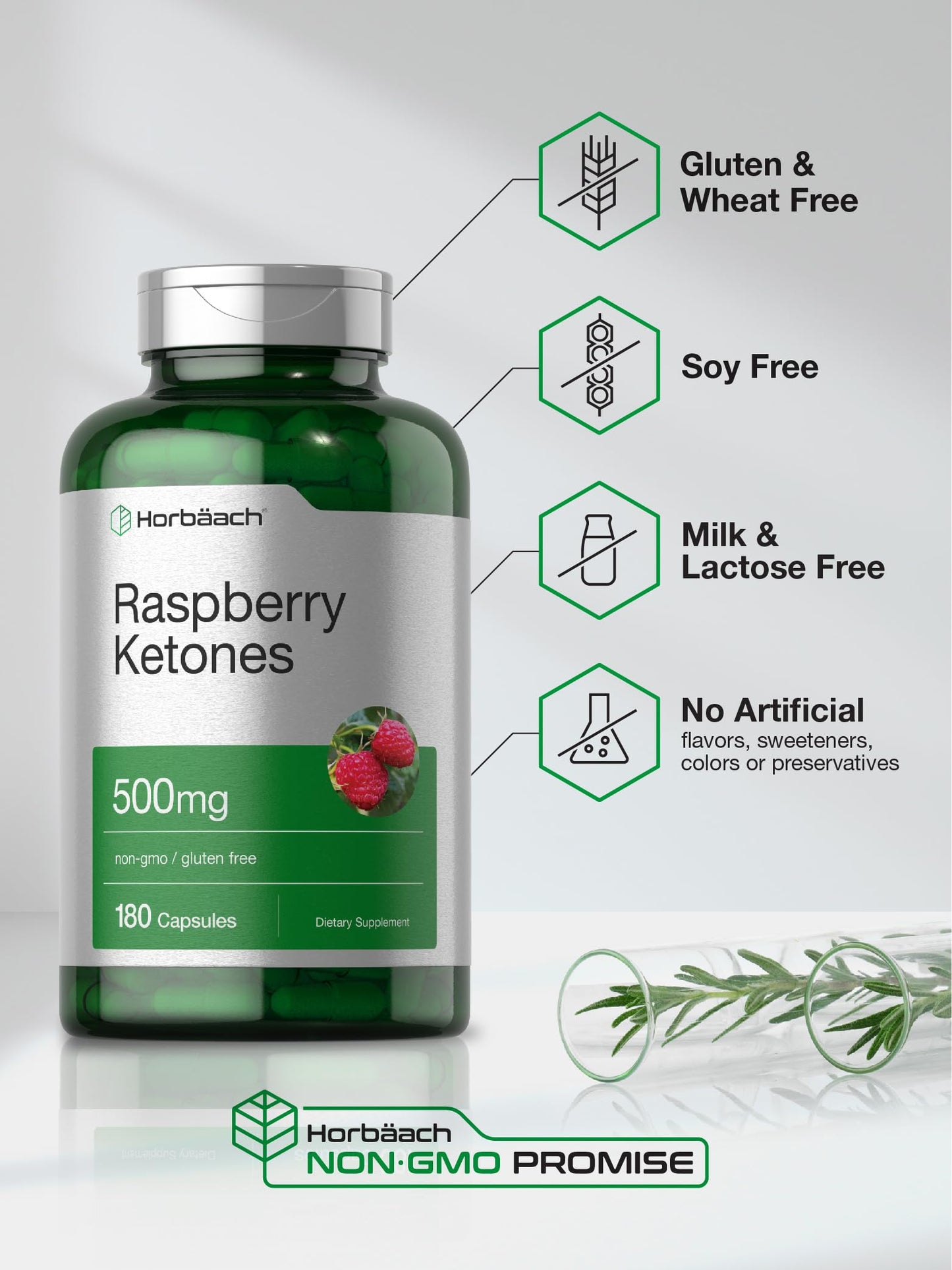Horbäach Raspberry Ketones | 500mg – 180 Capsules | Non-GMO & Gluten Free Pills